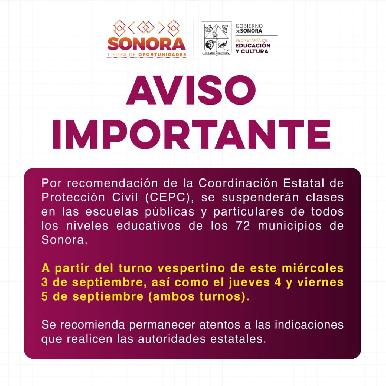 Emite Gobierno de Sonora medidas preventivas para el sector educativo ante pronóstico de lluvias: SEC